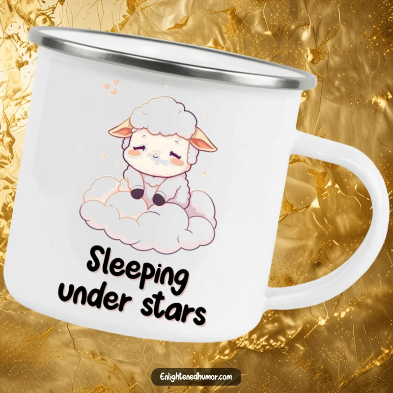 Funny Sheep Camping Mug, a tranquil character enjoying dreams of clouds, perfect for enjoying drinks in the great outdoors with humor.