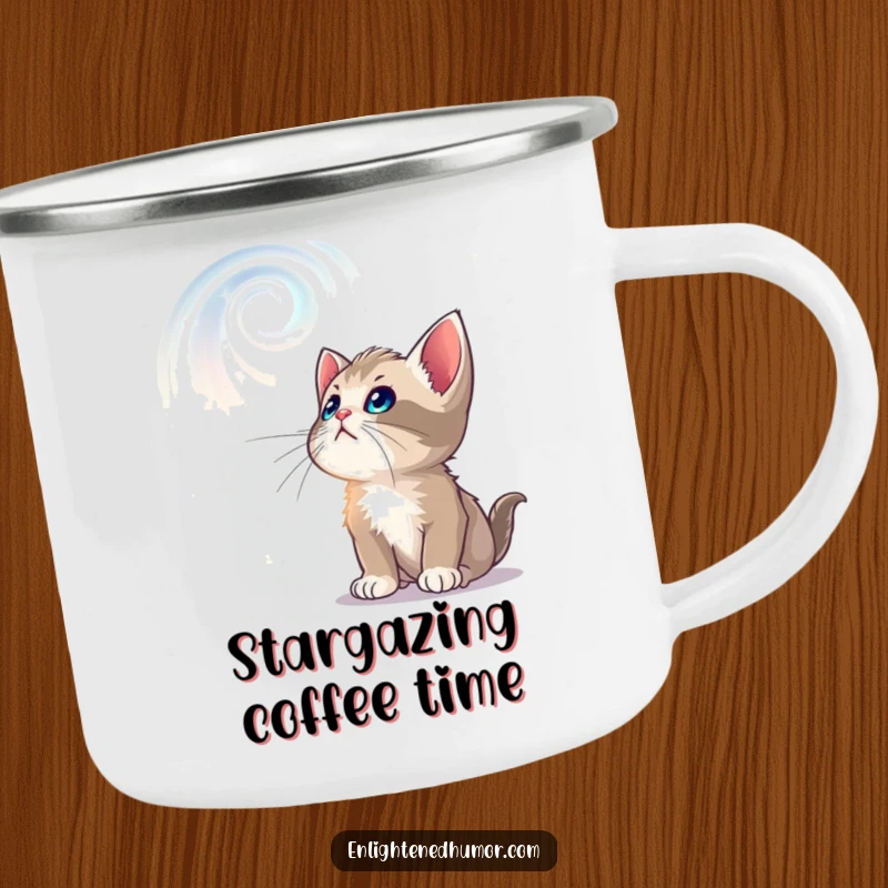 Funny camping mug featuring a curious kitten looking up at swirling, luminous celestial patterns, perfect for outdoor stargazing.