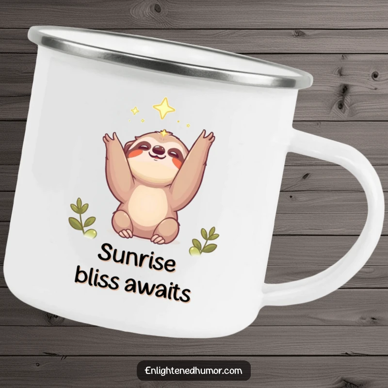 Funny kawaii sloth camping mug with a smiling creature reaching for a shining light, perfect for outdoor enthusiasts.