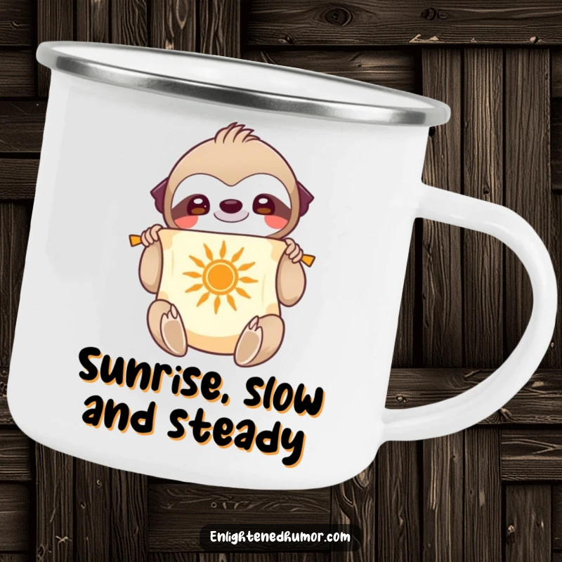 Funny Camping Mug: Smiling sloth character unfurling a scroll with a radiant sun symbol, holding a warm drink.