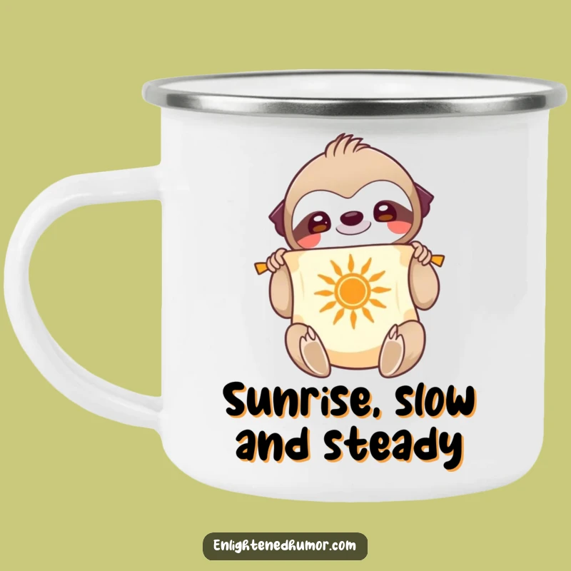 Serene Sloth Funny Camping Mug: Smiling Character With Scroll and Sun