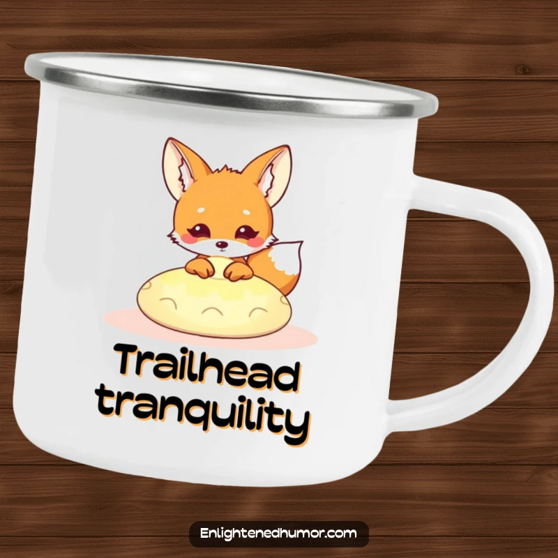 Funny Kawaii Fox Camping Mug: Cute fox peeking from a glowing meditation cushion, perfect for humorous outdoor enjoyment. A great funny gift.