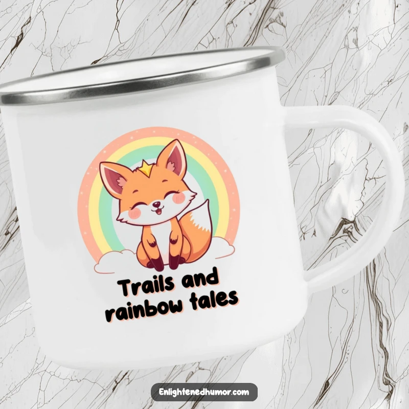 Funny celestial fox camping mug featuring a joyful fox peeking from behind a rainbow, perfect for cosmic campfire moments.