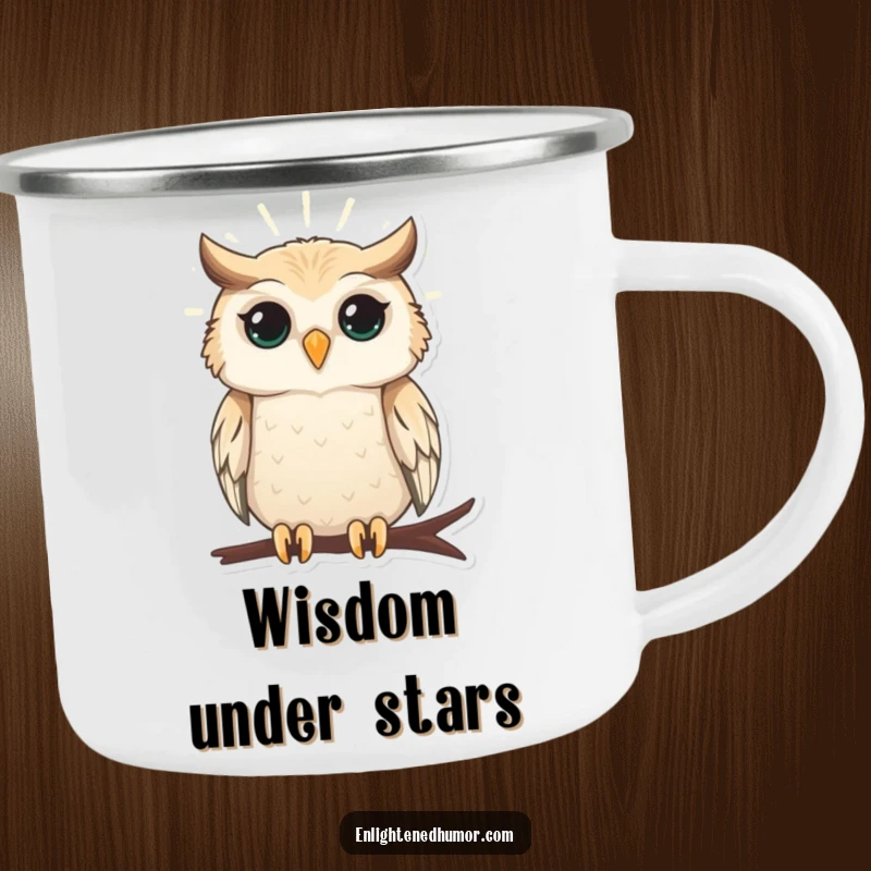 Funny camping mug with a wise owl radiating gentle light, perfect for quiet reflection by the campfire.
