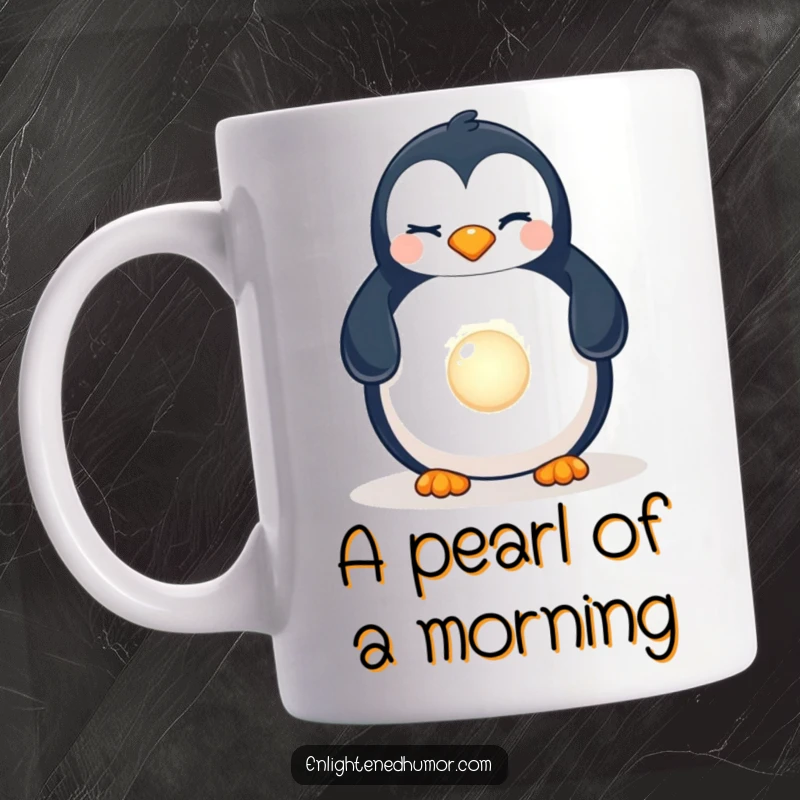 Funny Penguin Pearl Mug: A winking penguin with wide eyes, joyfully discovering a glowing, luminous pearl.