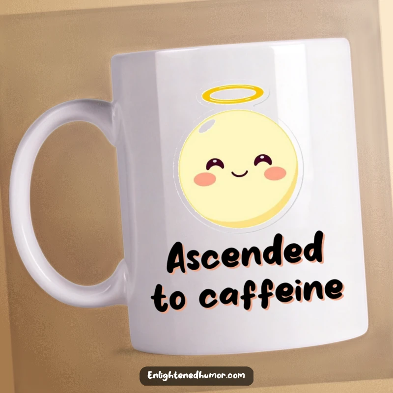 Funny smiling round moon character with a halo floating upwards, a whimsical and happy celestial design for a mug.