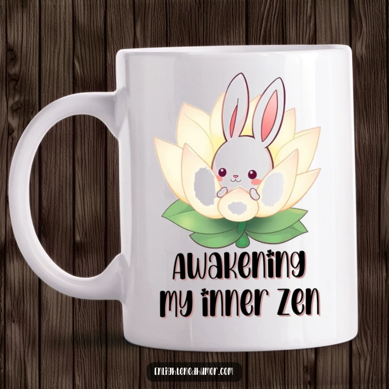 Funny mug featuring a curious bunny peeking from behind a glowing lotus flower, symbolizing peace and gentle discovery.