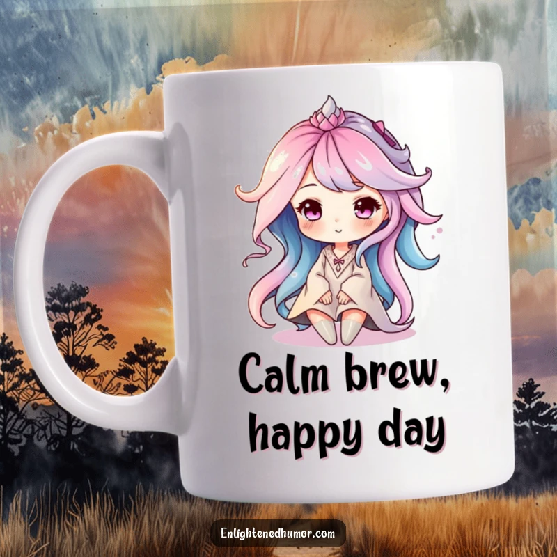 Funny mug depicting a serene aura character composed of soft, calming, swirling colors, radiating peace and gentle energy.
