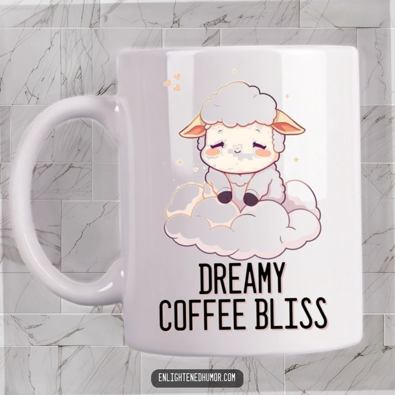 Funny Sheep Mug, a peaceful character dreams contentedly among soft, luminous clouds, evoking tranquility and gentle humor.