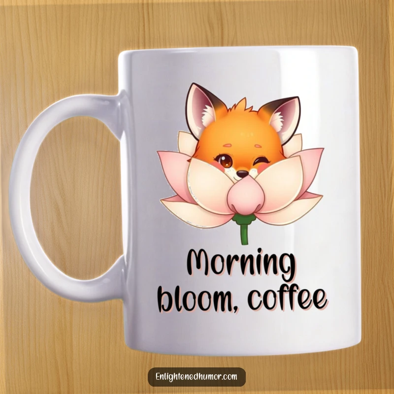 Funny fox mug design with a curious fox peeking playfully from behind a beautifully detailed shimmering lotus flower, evoking enchantment.