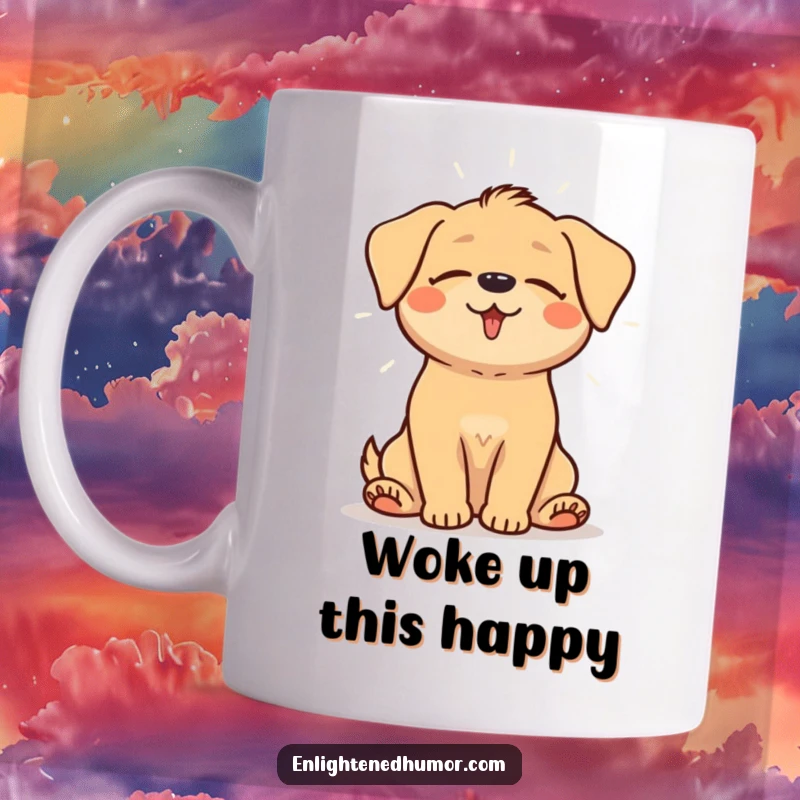 Funny mug featuring a happy dog sitting peacefully with eyes closed, emanating a gentle, calming aura of light.