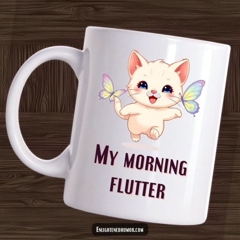 Funny mug featuring a happy kitten chasing a shimmering butterfly with radiant wings, capturing a moment of pure playful joy.
