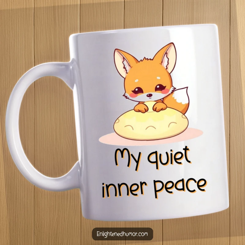 Funny Kawaii Fox Mug: Adorable fox peeking curiously from a glowing meditation cushion, radiating peaceful vibes. A perfect, humorous gift for mindfulness lovers.