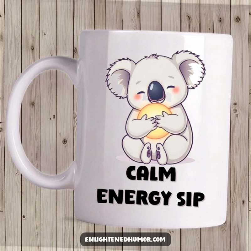 Funny koala mug showing a serene koala embracing a radiant orb, representing peace and calm.