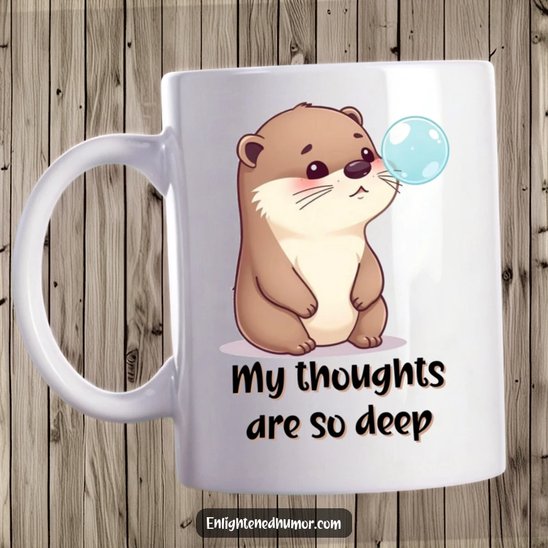 Funny Otter Bubble Mug: A thoughtful otter gazes intently at a shimmering bubble, lost in deep, humorous contemplation, ideal for any gift.