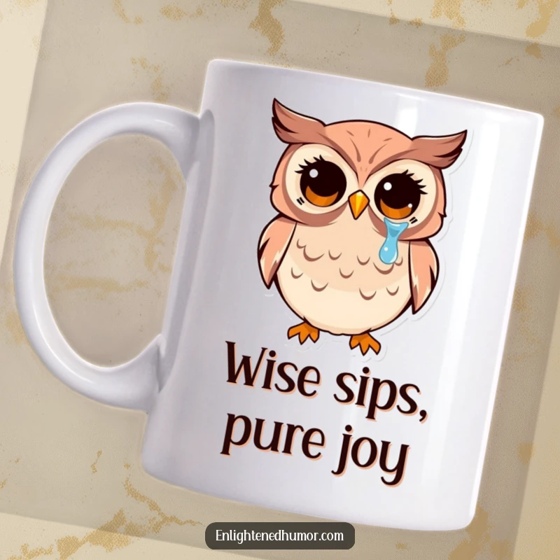 Funny kawaii owl mug with wide, enlightened eyes shedding a single tear of pure joy, representing wisdom and happiness.