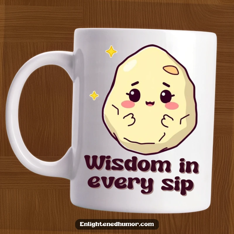 Funny philosopher stone mug showcasing a wise, floating stone character with a knowing twinkle in its eye, contemplating profound ideas.
