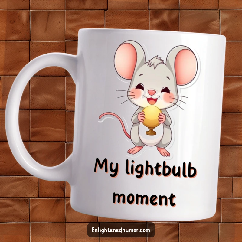 Funny mug featuring a cheerful mouse character beaming with delight while holding a radiant, glowing orb, perfect for a happy, bright gift.