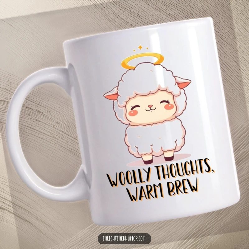 Funny fluffy kawaii sheep mug with a halo, bobbing its head in contemplative bliss, representing peace and heavenly joy.