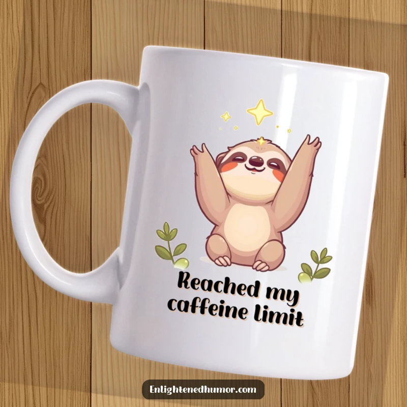 Funny kawaii sloth mug with a smiling creature reaching upwards towards a bright, ephemeral light, symbolizing hope.