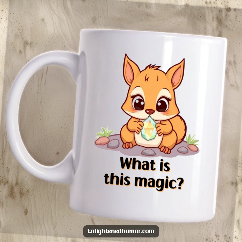 Funny Squirrel Mug: A surprised squirrel discovers a glowing crystal, eyes wide with wonder. Adorable and captivating design.