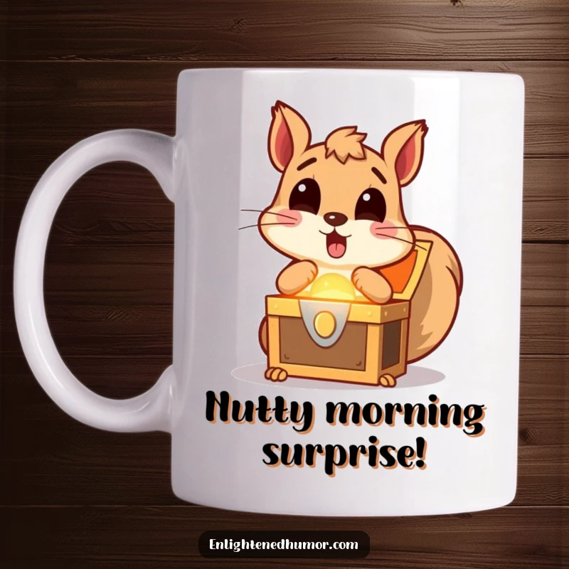 Funny squirrel mug design featuring a surprised squirrel with wide eyes discovering a brightly glowing treasure chest, symbolizing excitement and fortune.