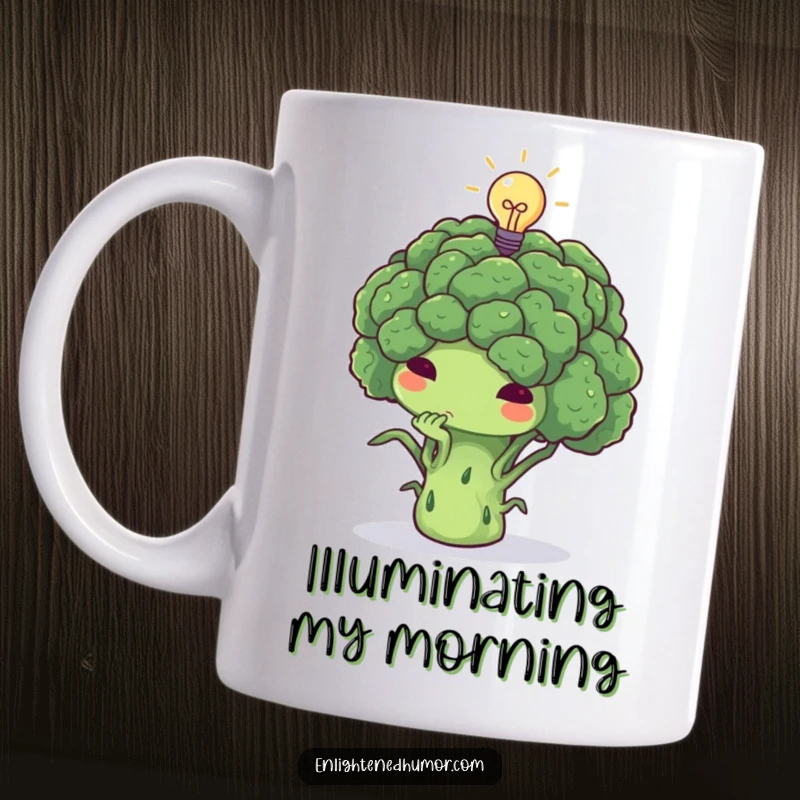 Funny broccoli mug, thoughtful, deep in thought, tiny lightbulb above, healthy brilliant idea.