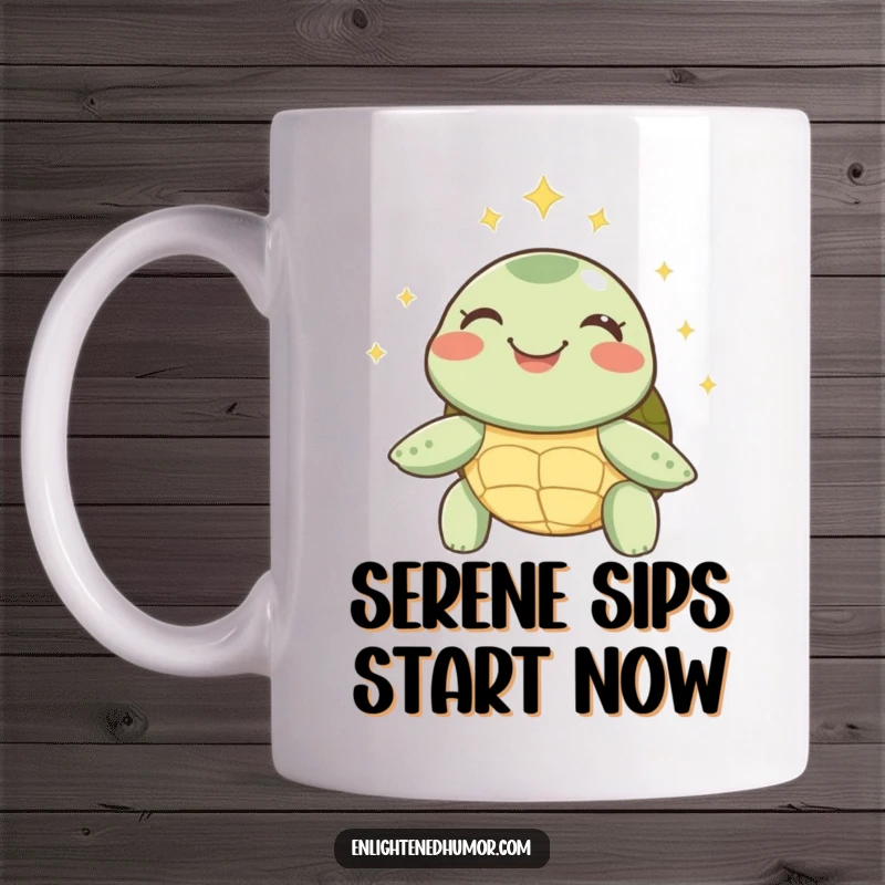 Funny Turtle Mug: A joyful turtle beams with inner peace, a soft halo of sparks around its head. Serene and happy.