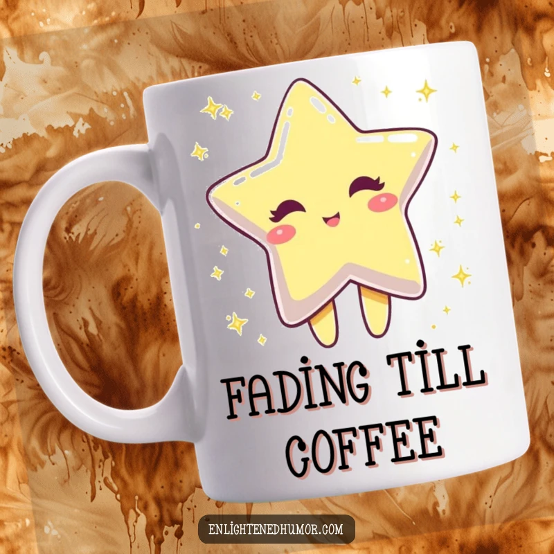 Funny winking star character dissolving into sparkling dust, a magical and shimmering design for a mug.