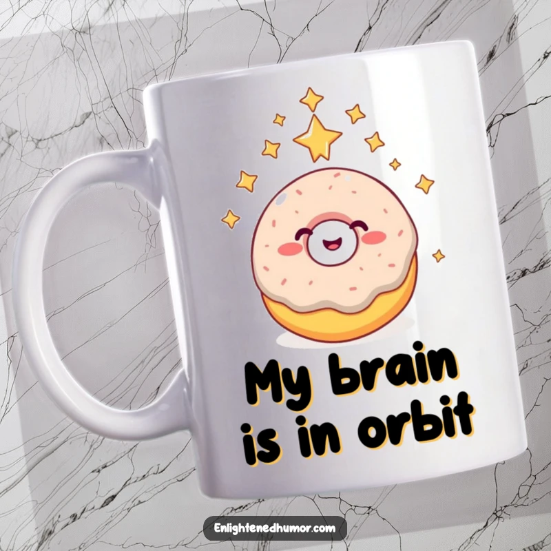 Funny donut mug, giggling with stars and reaching higher consciousness, cosmic enlightenment, unique celestial gift idea.