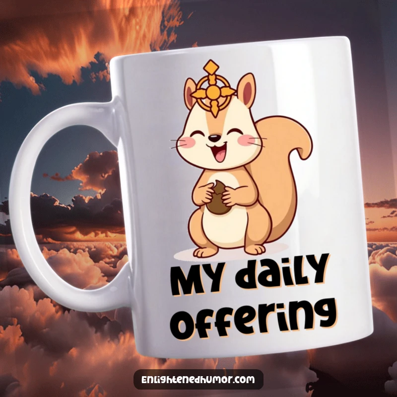 Funny Kawaii Squirrel Mug: Happy squirrel offering a nut to a floating spiritual symbol, conveying kindness and humor. A perfect funny gift.