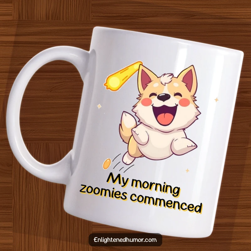 Funny celestial dog mug, joyfully barking while chasing a bright comet across a starry sky, capturing pure elation.