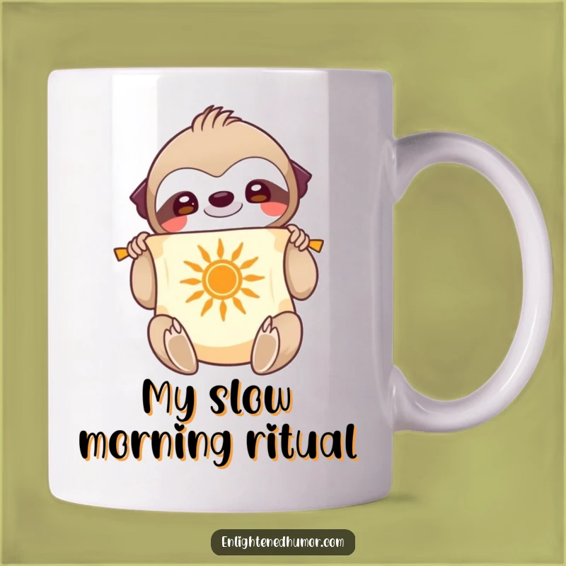 Wise Sloth Funny Mug: Smiling Character Unfurling Scroll, Sun Symbol Gift