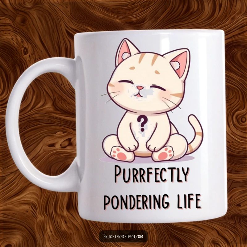 Funny Cat Yoga Mug: Curious cat meditates, tail a question mark, contemplating life. Ideal funny gift for thinkers.