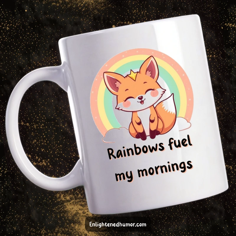 Funny celestial fox mug showing a joyful fox peeking playfully from behind a shimmering, colorful rainbow, radiating wonder and delight.