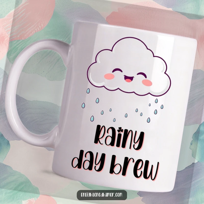 Funny laughing cloud character raining gentle, sparkly droplets, a cheerful and whimsical design for a mug.