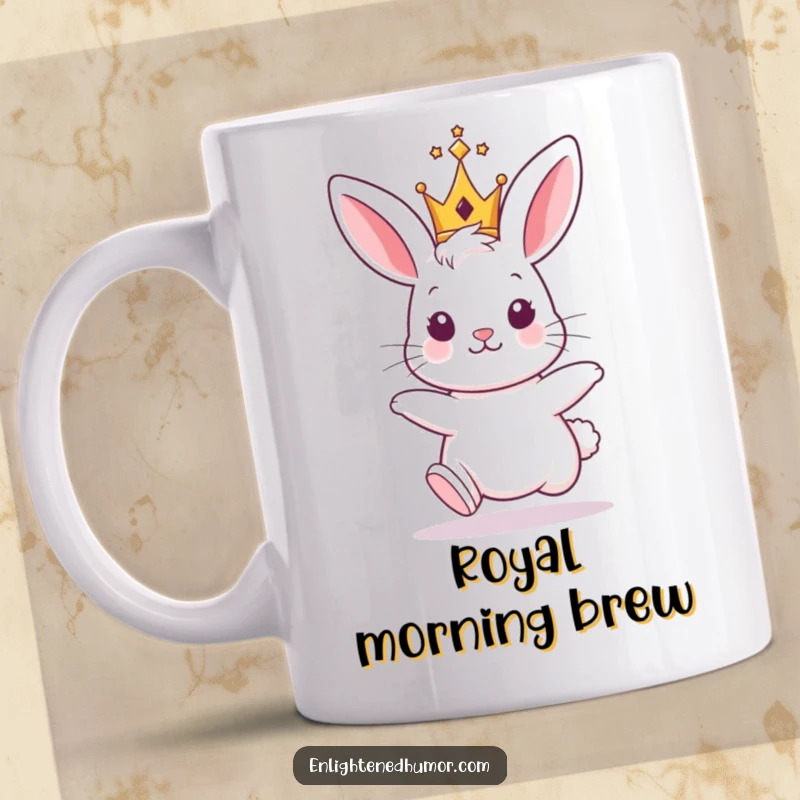 Funny Bunny King Mug: A cute hopping bunny wearing a tiny, shining crown, looking regal and charming.