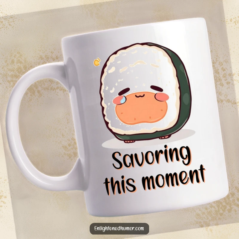 Funny sushi mug, peaceful, contemplating existence, single tear of joy, deep thought culinary art.