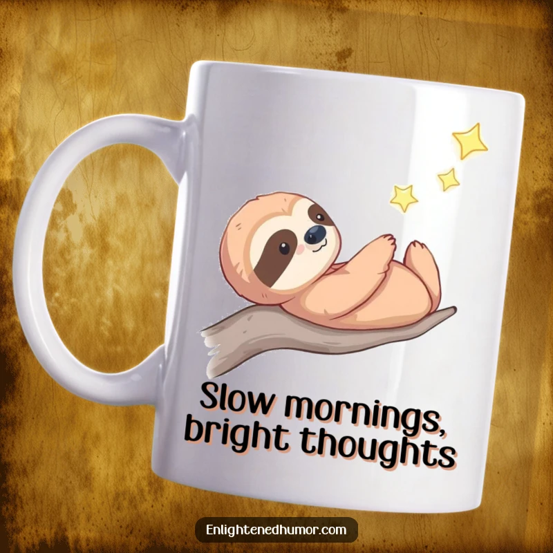 Funny celestial sloth mug depicting a thoughtful sloth gazing serenely at a distant, twinkling star in the cosmic night sky.