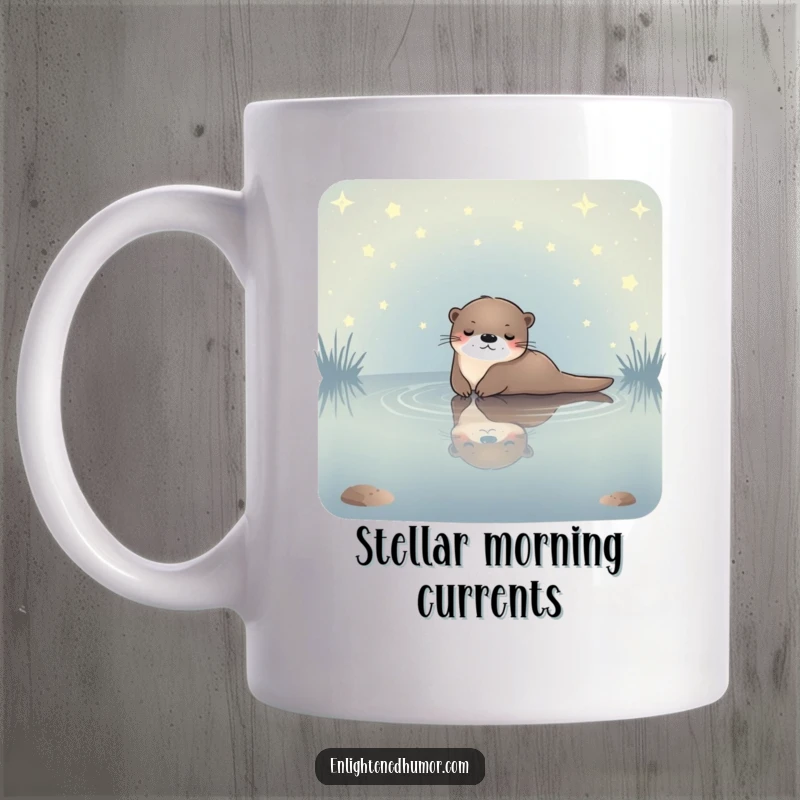 Funny celestial otter mug showing a serene otter floating in a calm, starlit pond, embodying peace and cosmic tranquility.
