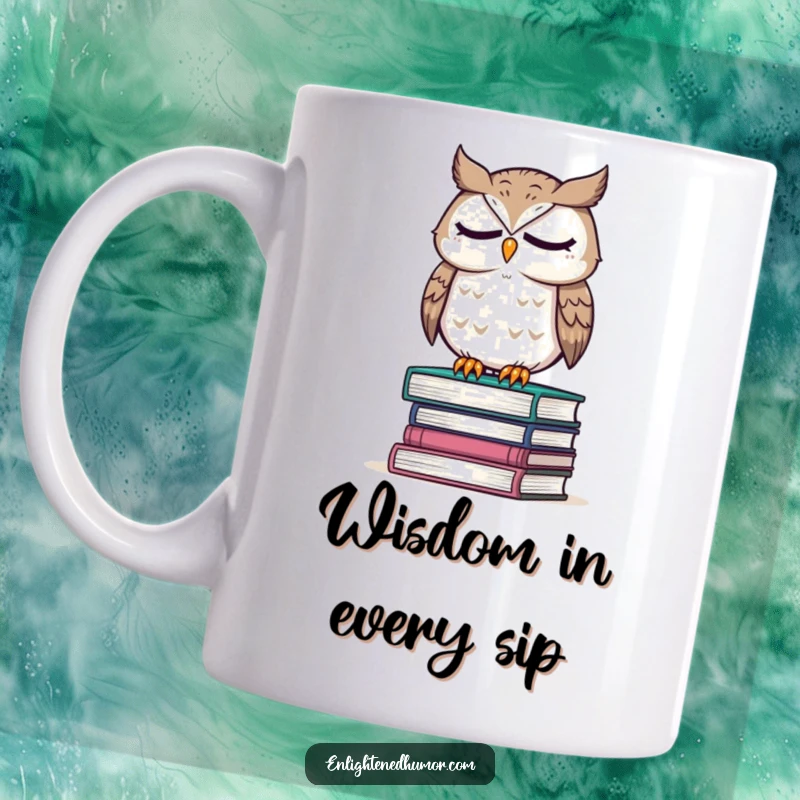 Funny mug featuring a wise owl perched on a stack of books, eyes closed in deep thought, exuding knowledge and calm.