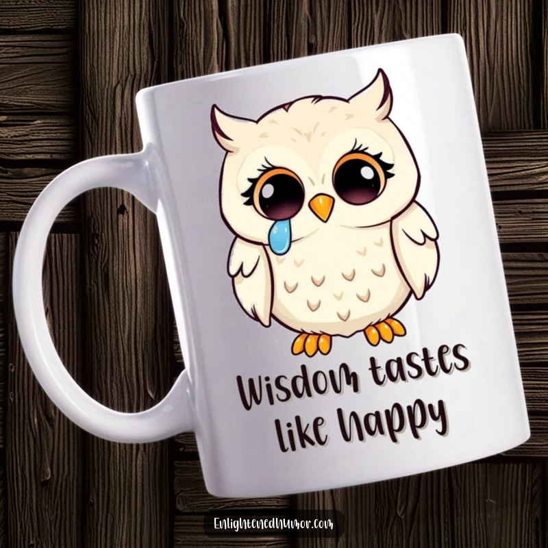 Funny kawaii owl mug, with wide, enlightened eyes shedding a single tear of joy, symbolizing profound understanding and peace.