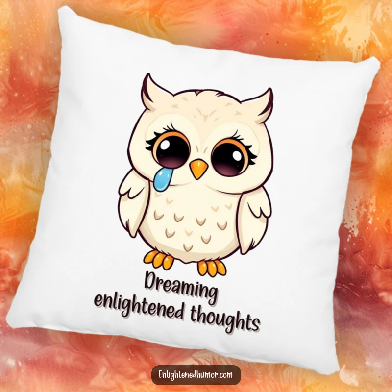 Funny kawaii owl enlightenment pillow, a wise owl with enlightened eyes shedding a tear of joy, offering comfort and peace.