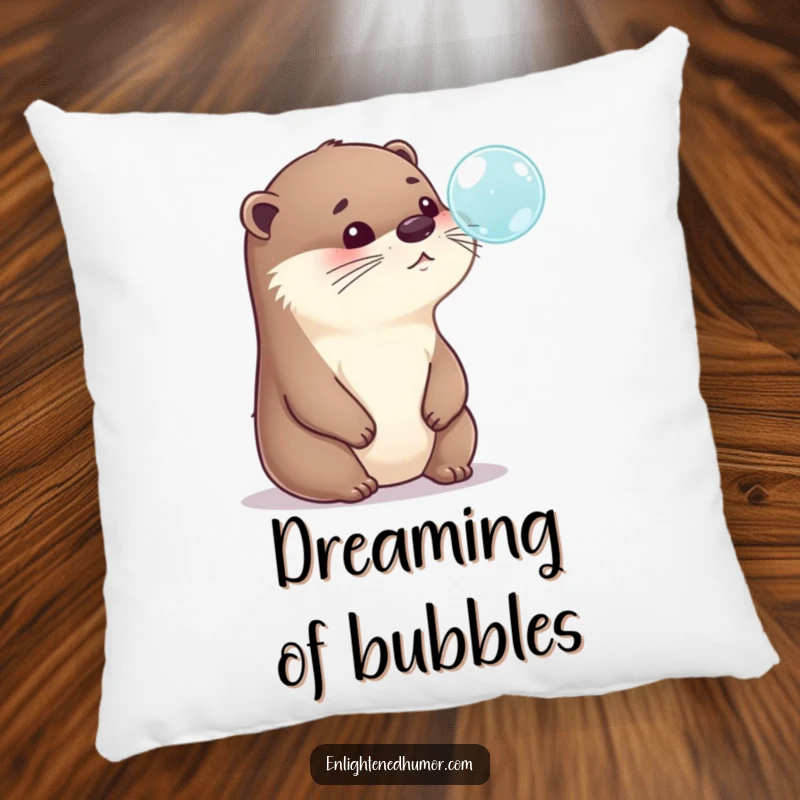 Funny Otter Pillow: A plush pillow showcasing a playful otter humorously lost in thought, gazing at a bubble, ideal for cozy funny gifts.