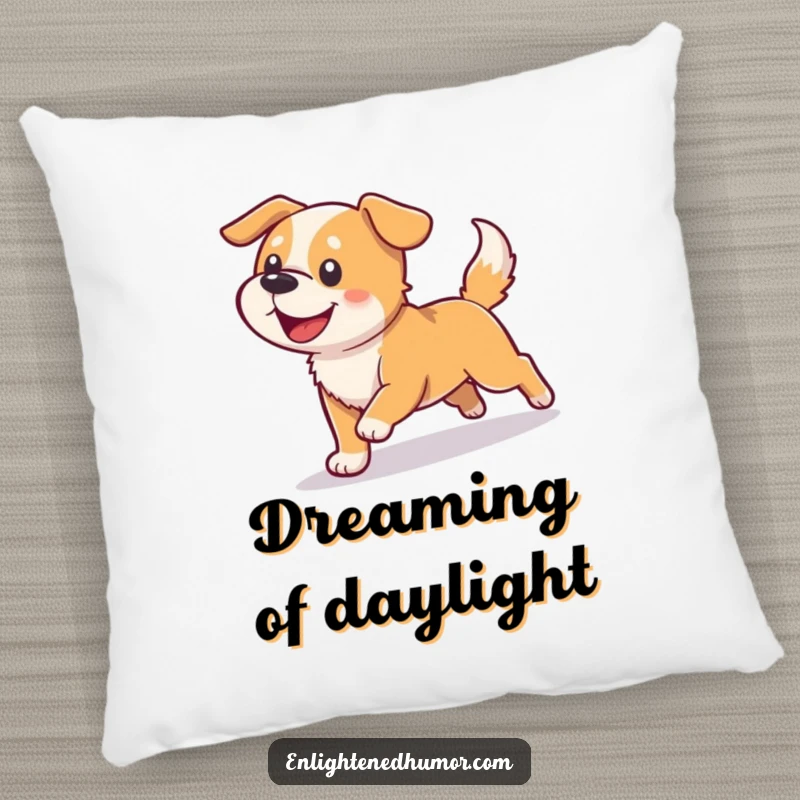Funny dog pillow with a soft feel, depicting a happy dog energetically chasing its shadow as it becomes luminous light.