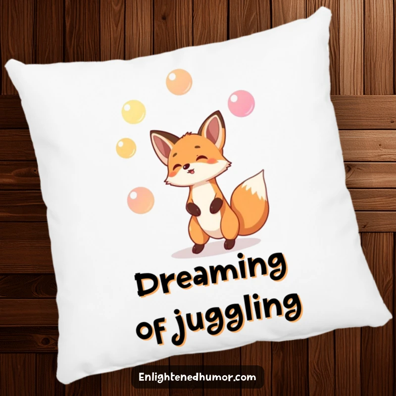 Funny pillow featuring a playful fox juggling glowing orbs, offering humorous softness and enchanting comfort.