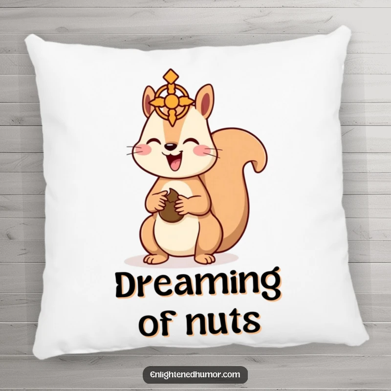 Funny Kawaii Squirrel Pillow: Adorable squirrel offering a nut to a spiritual symbol, perfect for cozy, humorous decor. A great funny gift.