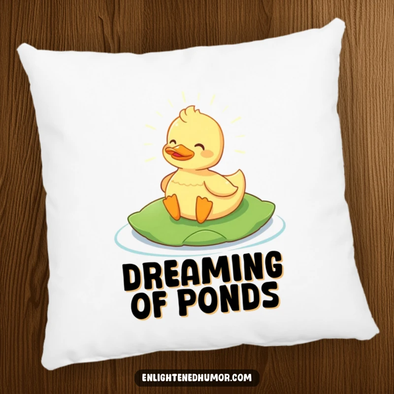 Funny Content Duck Pillow: Soft pillow with a glowing content duck on a lily pad, radiating peaceful humor. Excellent funny gift.