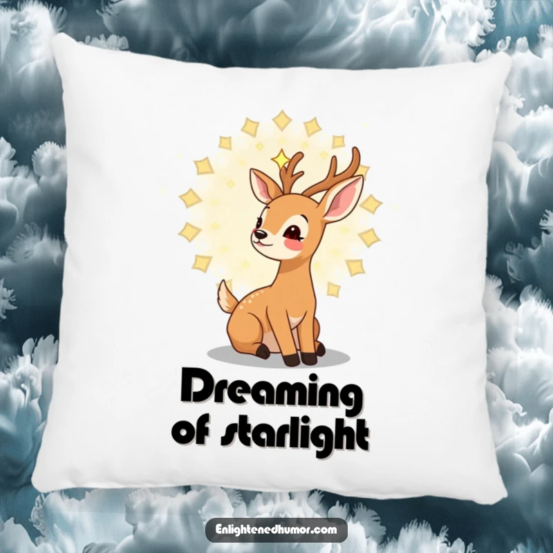 Funny kawaii deer pillow with a gentle deer gazing upwards at a swirling mandala of stars, offering cozy enchantment.