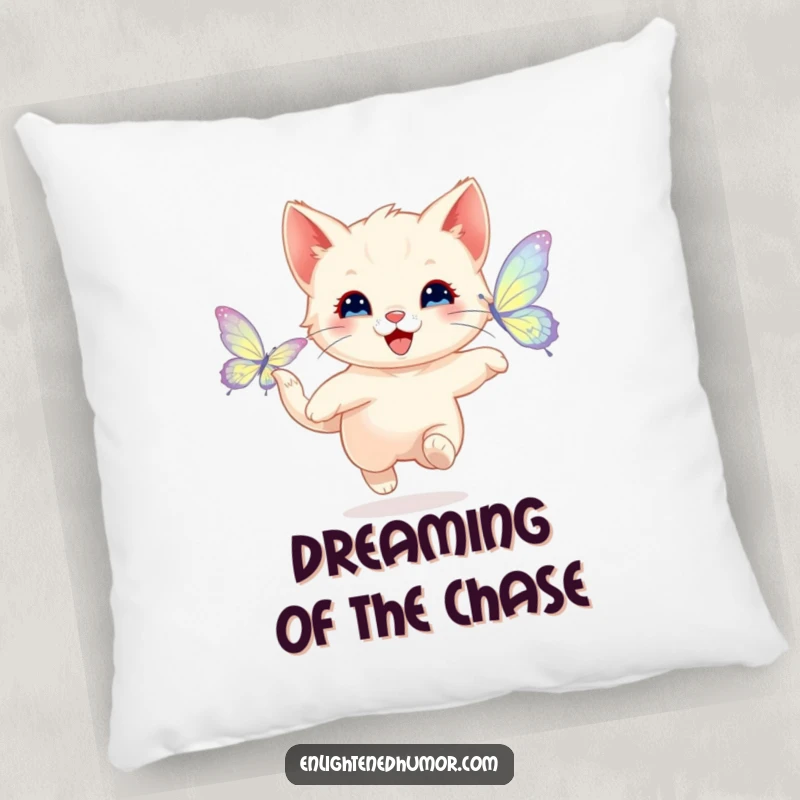 Funny pillow featuring a happy kitten chasing a shimmering butterfly with radiant wings, offering playful comfort and whimsical appeal.